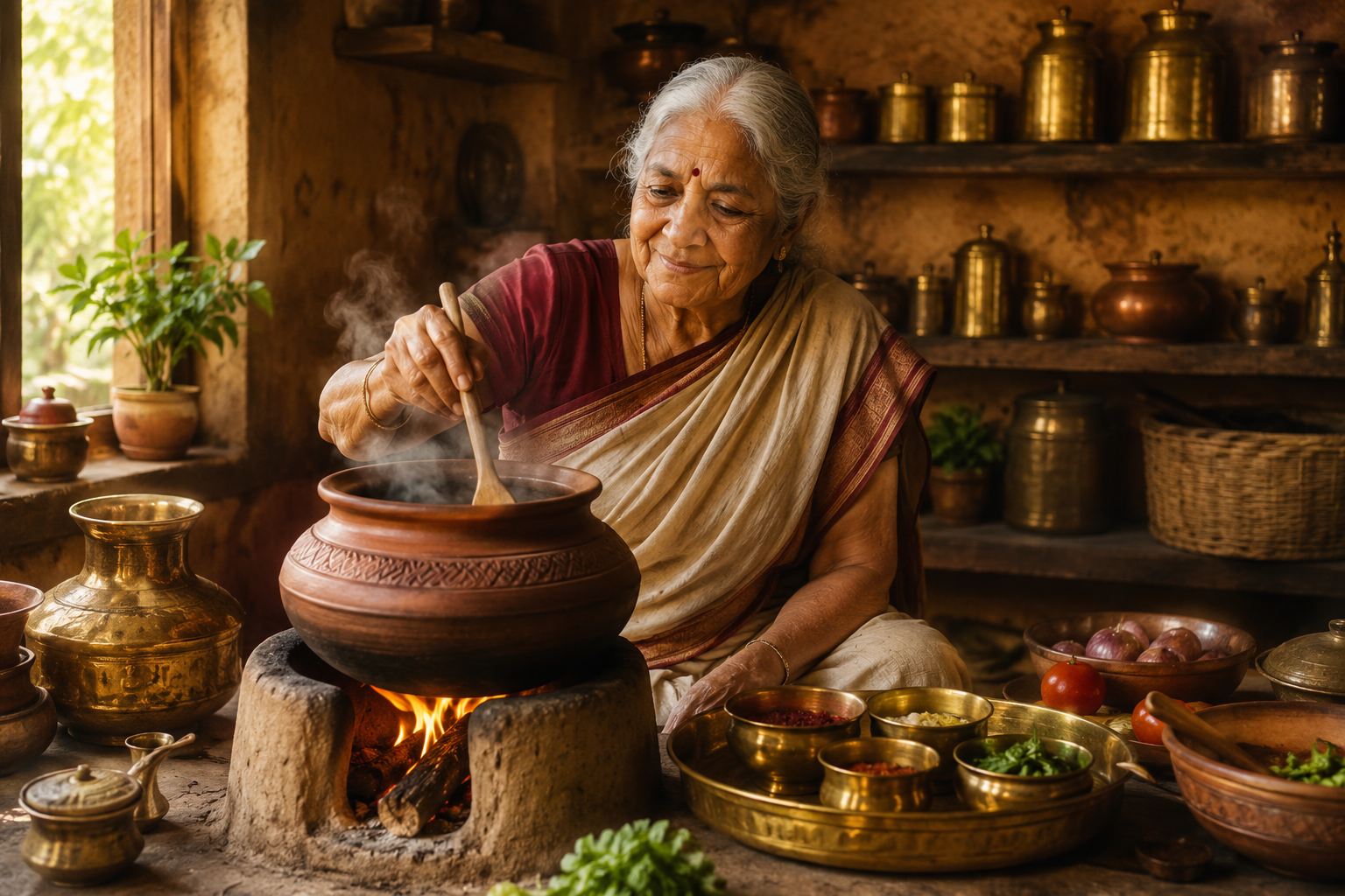 Traditional Indian kitchen with grandmother cooking in clay pot and brass utensils