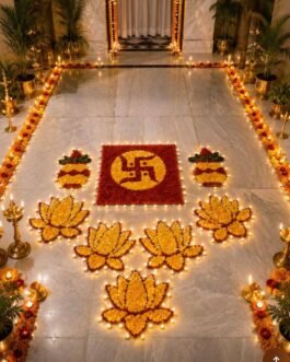 Pooja Décor Combo Set – Swastik Aasan, 2 Kalash & 5 Lotus Mats (8-Piece Rangoli Set)
