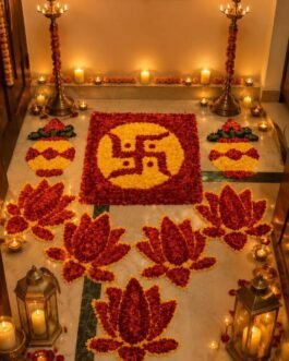 Pooja Décor Combo Set – Swastik Aasan, 2 Kalash & 5 Lotus Mats (8-Piece Rangoli Set)