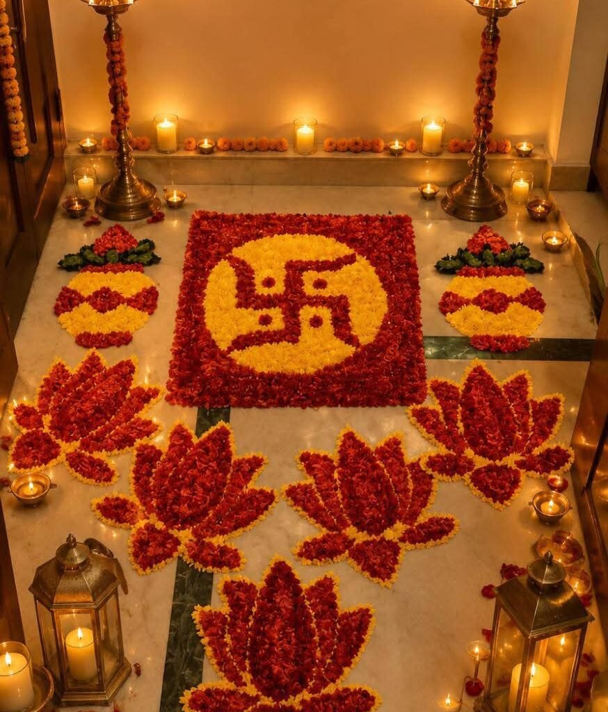 Swastik and kalash layout in red lotus – Kachi Rasoi