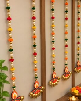 Diya Pom Pom Pearl Hanging for Diwali – Double-Sided Diya Latkan (20 inch, Pack of 5)