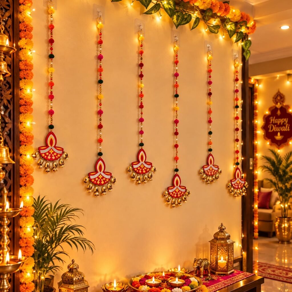Diya pom-pom hangings beside the mandir – Kachi Rasoi