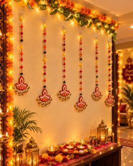 Diya Pom Pom Pearl Hanging for Diwali – Double-Sided Diya Latkan (20 inch, Pack of 5)