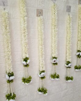 Fabric Peony Pearl Gajra Hanging – White Flower Hanging for Ganpati, Diwali & Weddings (2 Feet, Pack of 6)