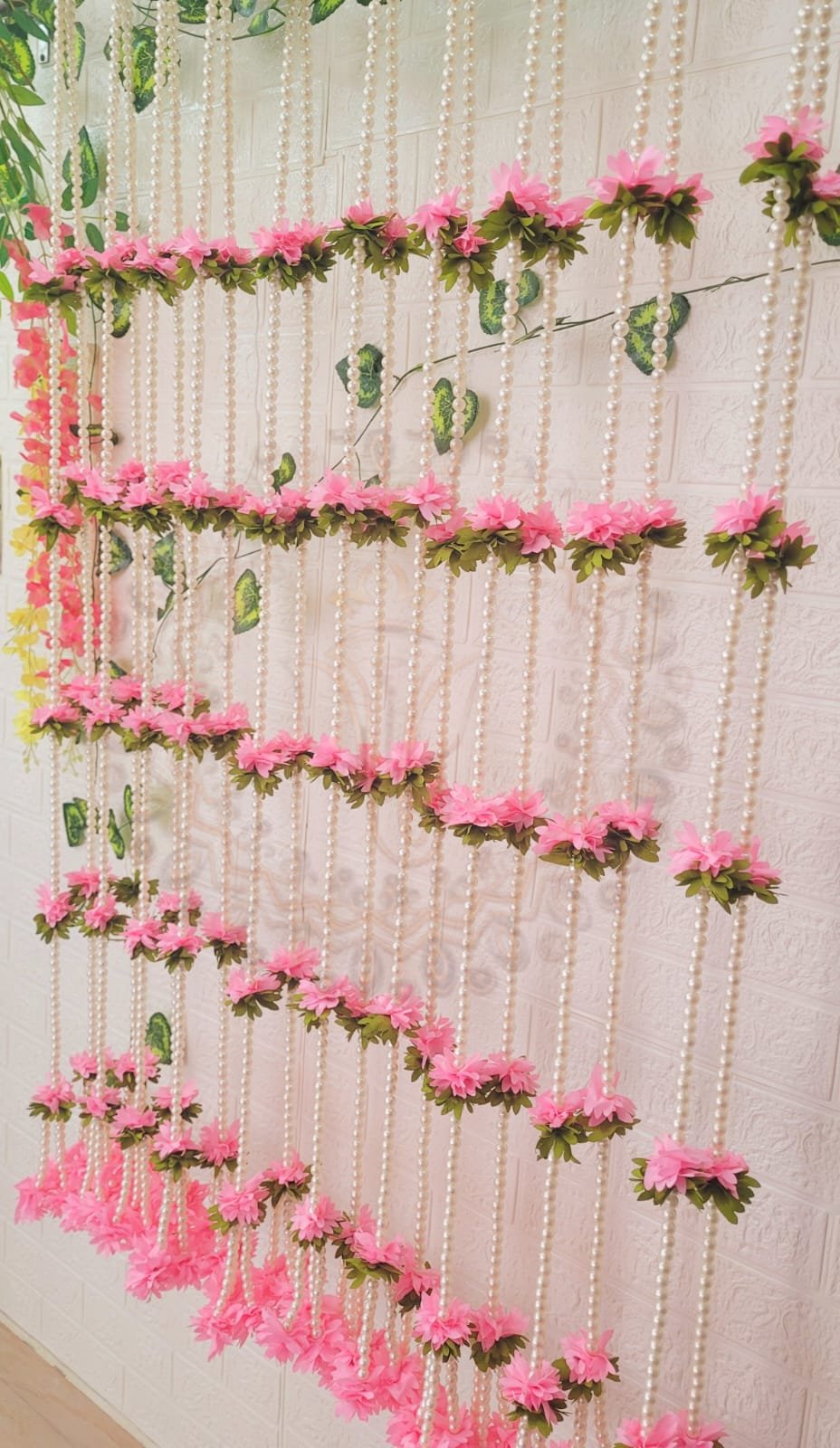 Pearl gajra hangings as backdrop decoration for weddings and haldi – Kachi Rasoi