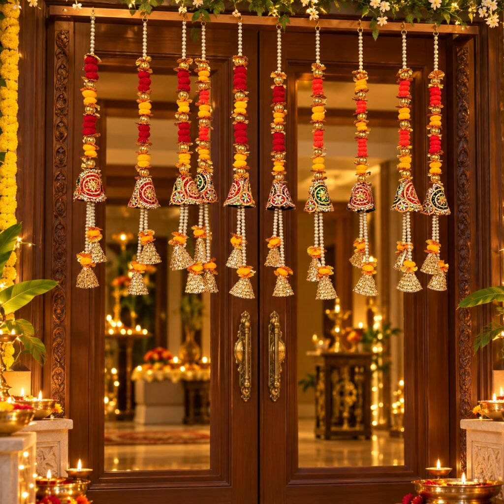 Gotta pom-pom hangings across a double door – Kachi Rasoi