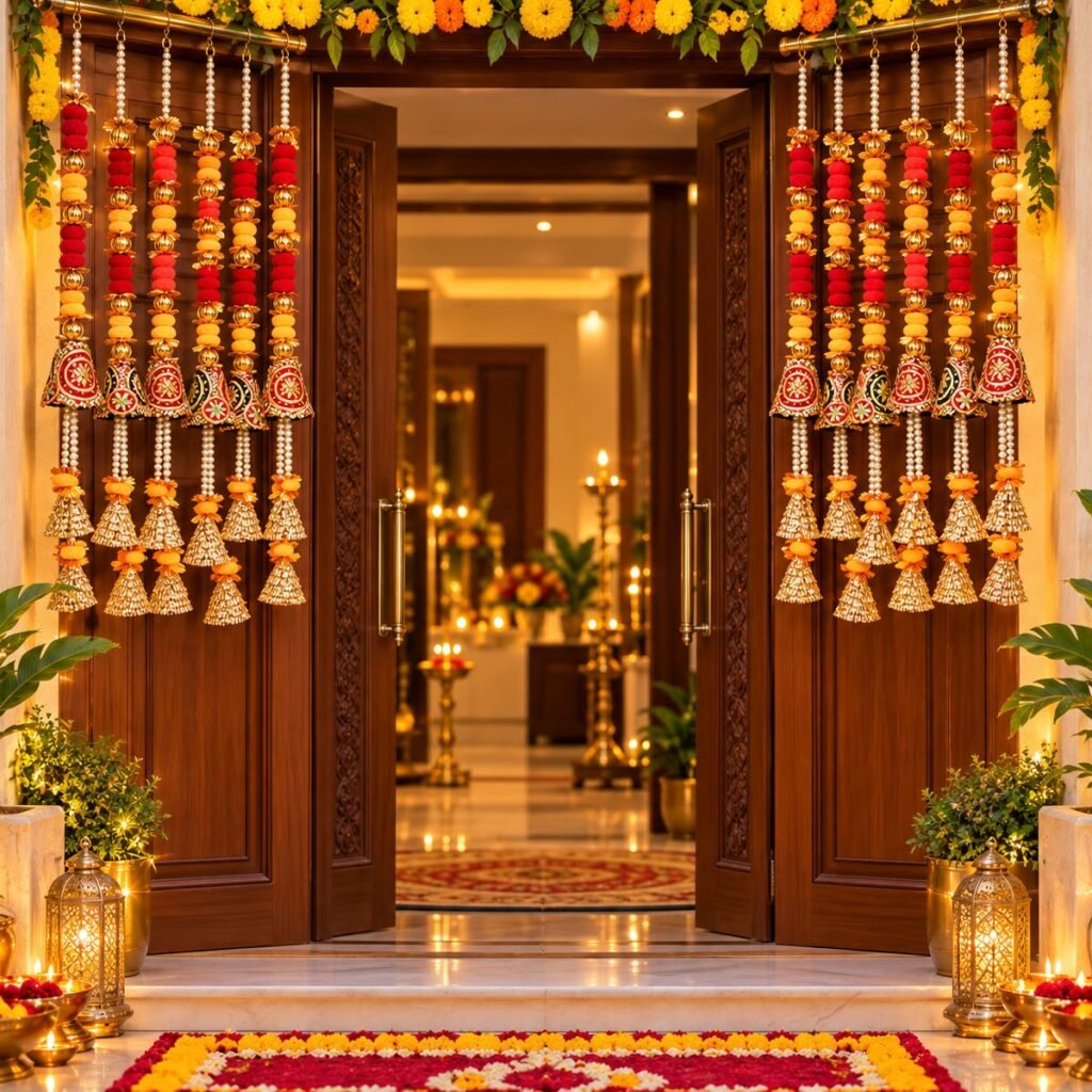Gotta pom-pom hangings on both sides of the main door. – Kachi Rasoi
