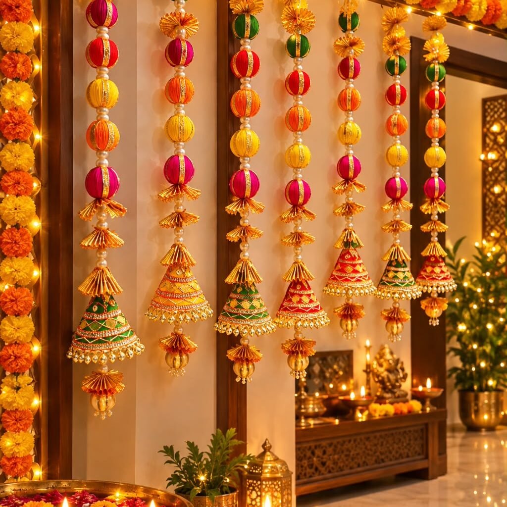 Gotta ball hangings on a festive wall – Kachi Rasoi