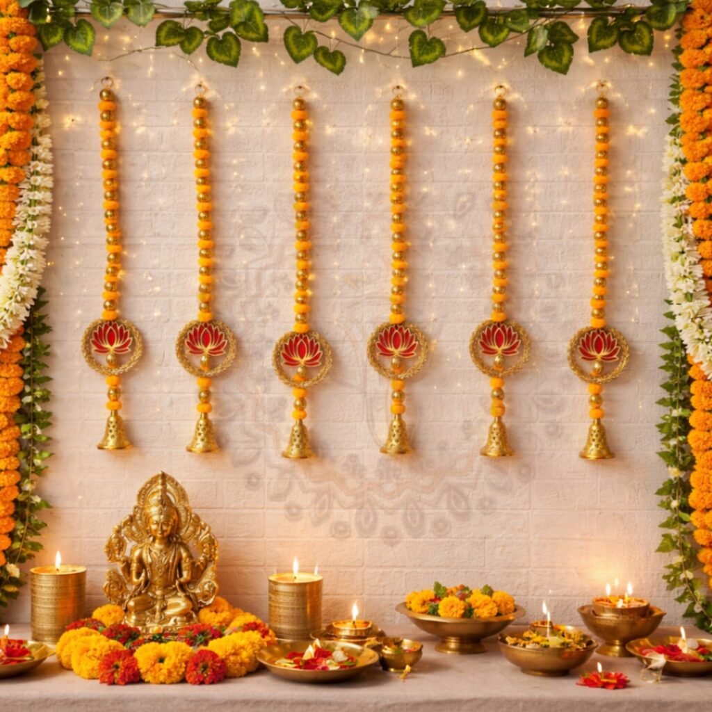 Lotus bangle hangings as a mandir backdrop – Kachi Rasoi