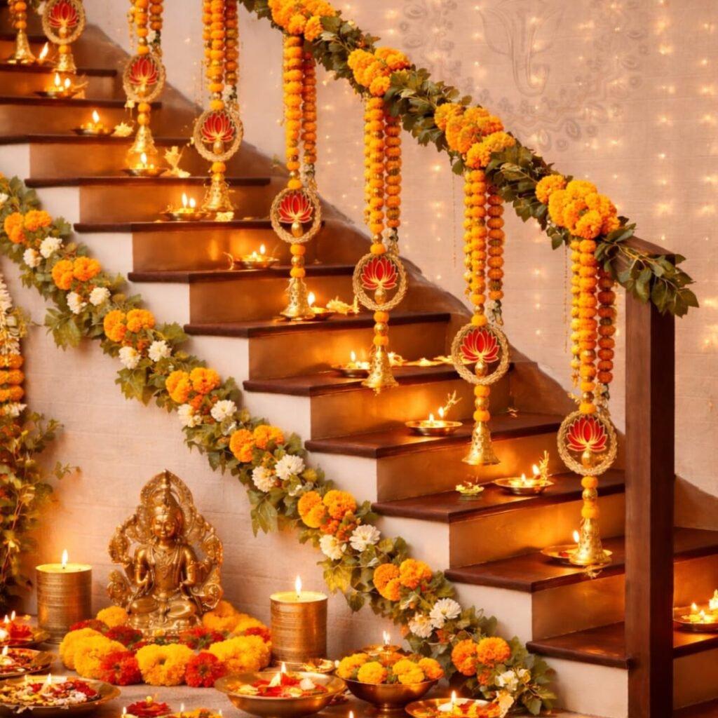 Lotus bangle hangings tied along the staircase railing. – Kachi Rasoi