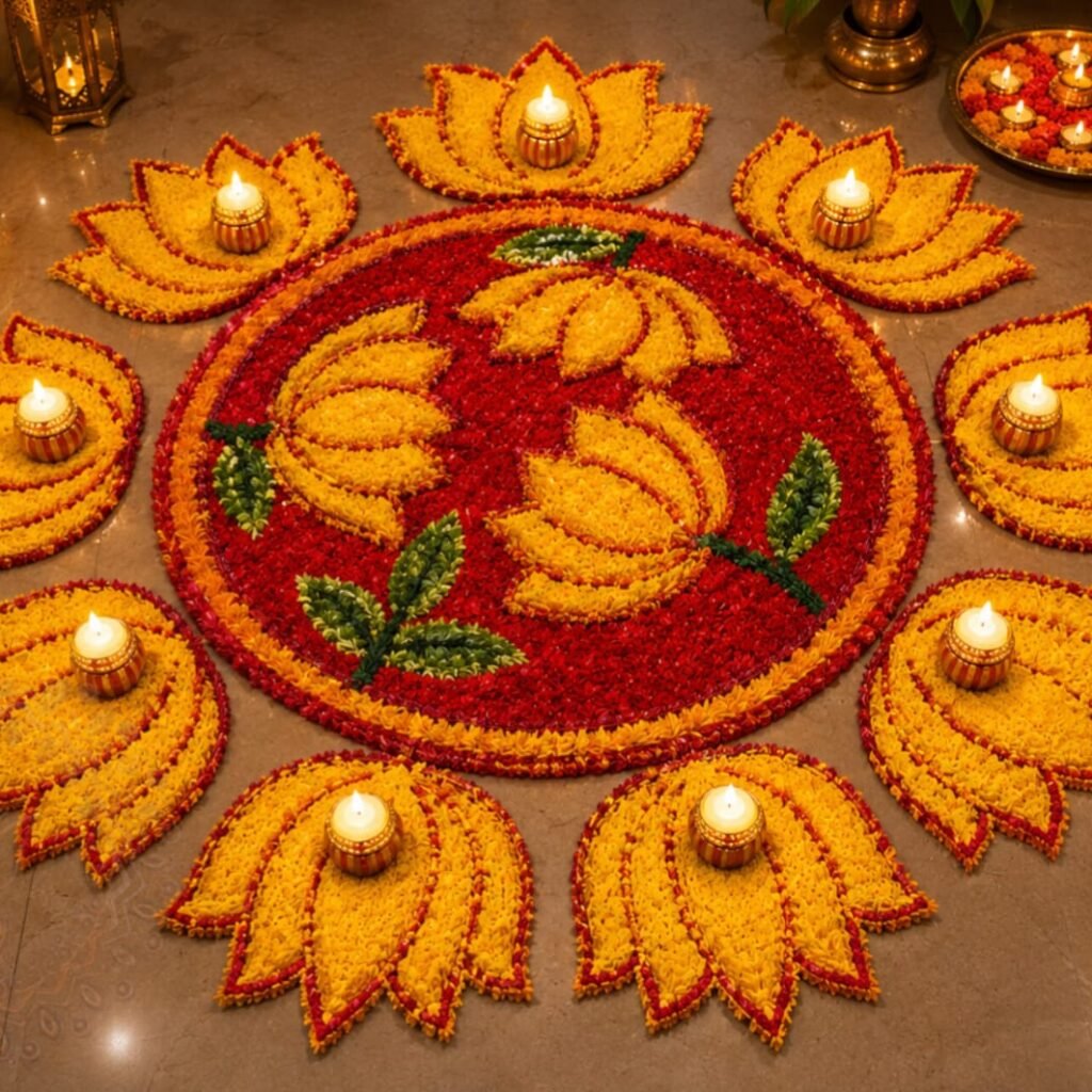 Yellow & Red Pichwai rangoli with tealights – Kachi Rasoi