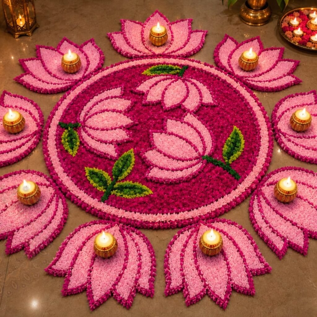 Pink Pichwai rangoli with tealights – Kachi Rasoi