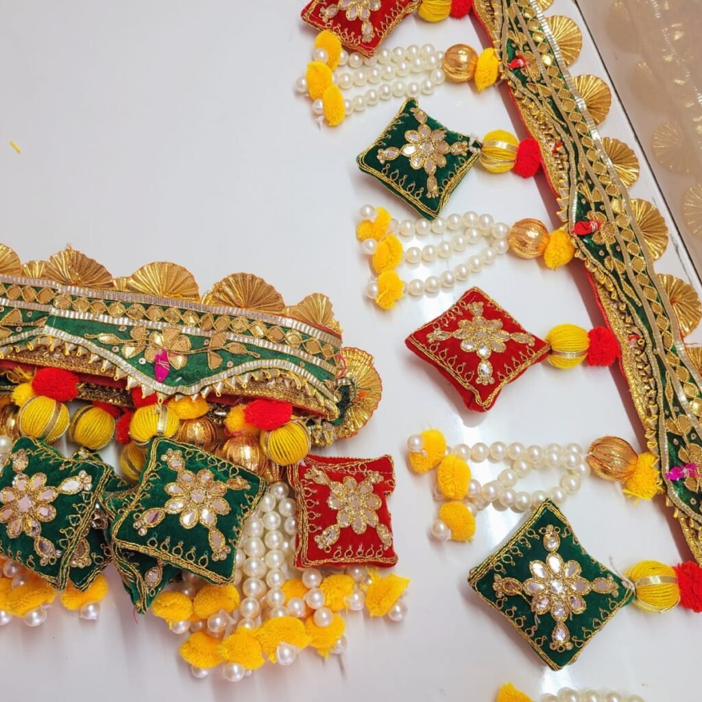 Velvet cushion toran with gota, kundan and pearl detailing. – Kachi Rasoi