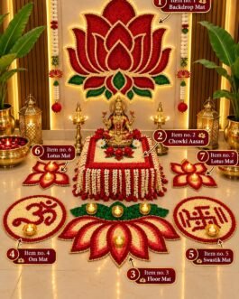 Kamal Singhasan Mat Set – 7-Piece Lotus Backdrop, Chowki Aasan & Rangoli Mats for Lakshmi Puja