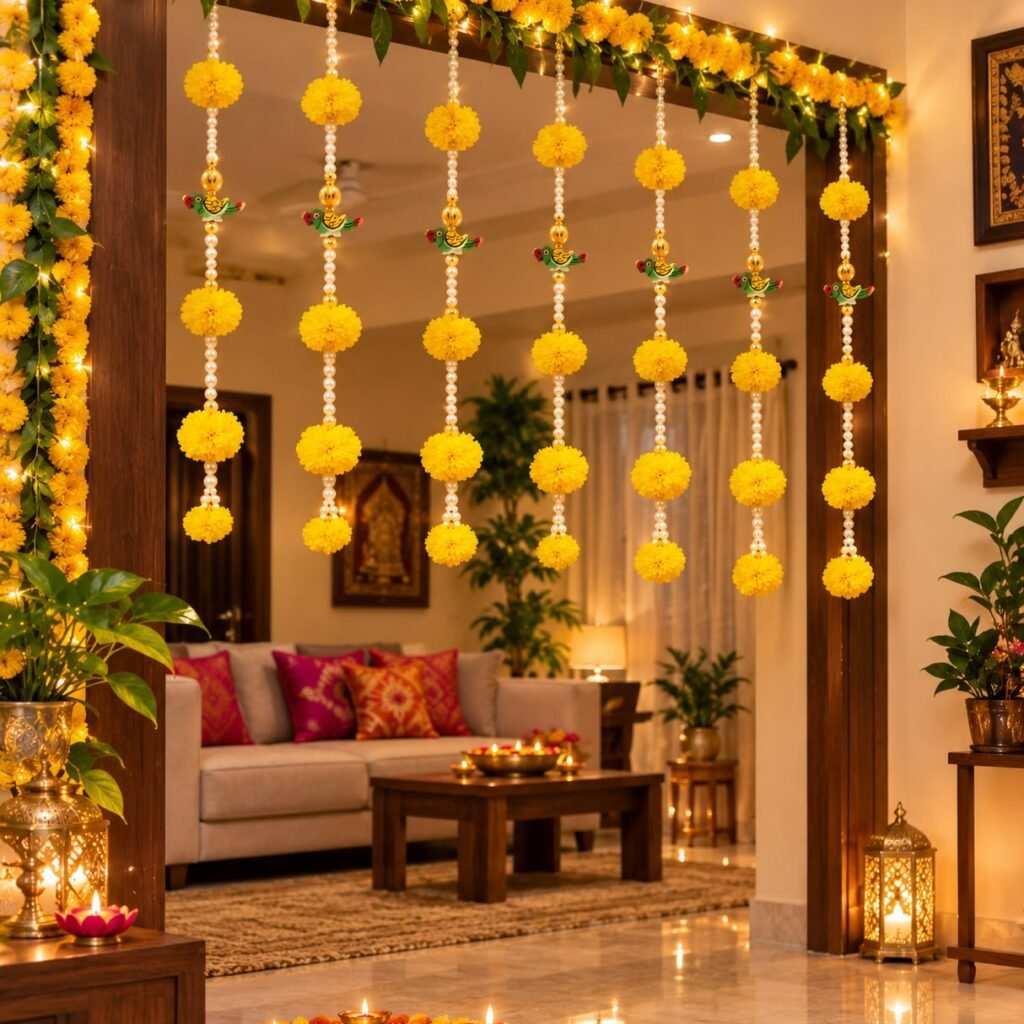 Parrot marigold hangings framing a doorway – Kachi Rasoi