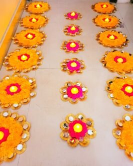 Marigold Pom Pom Floral Mat Set for Stairs & Corridor – 16 Piece Diwali Rangoli Mats