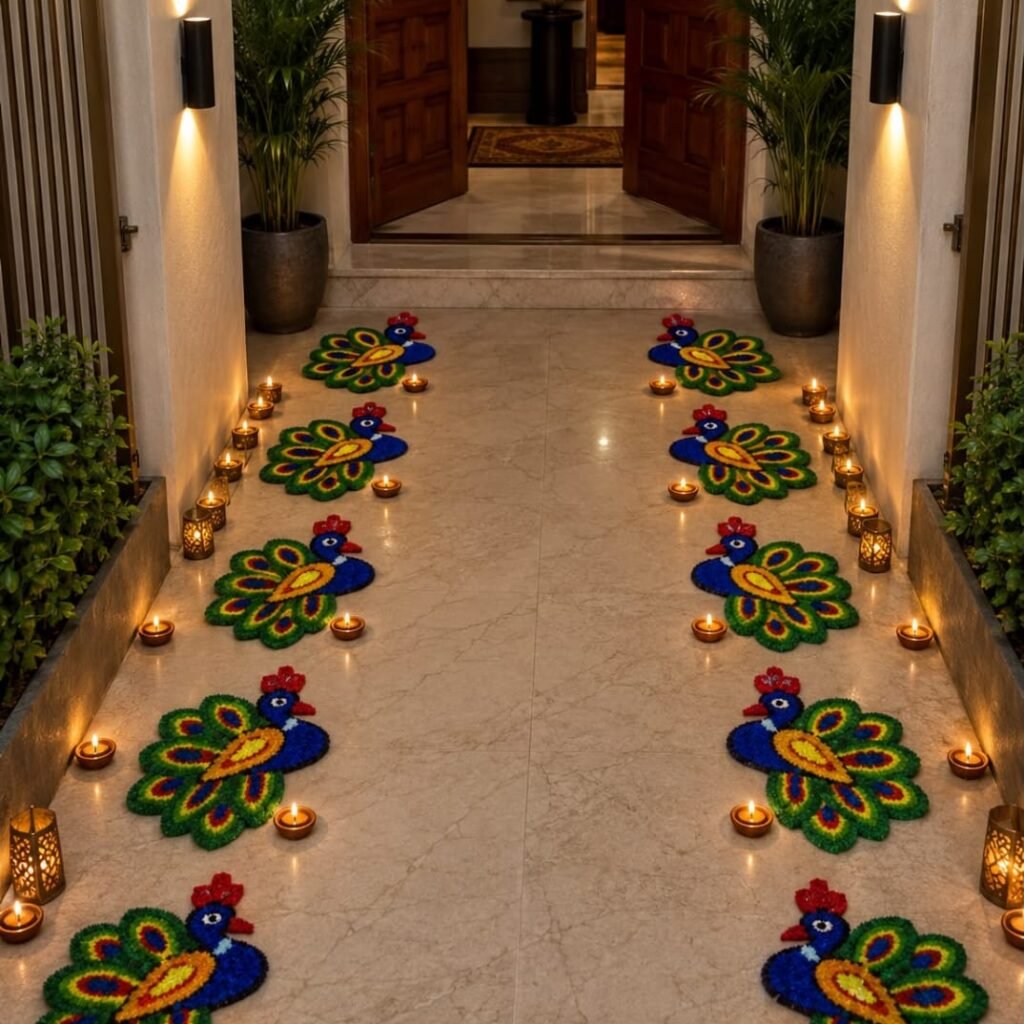 Peacock mats lining a home corridor – Kachi Rasoi