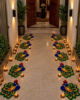 Peacock Rangoli Mat Set – Reusable & Washable Festive Floor Décor (14–16 Inch, Pack of 6)