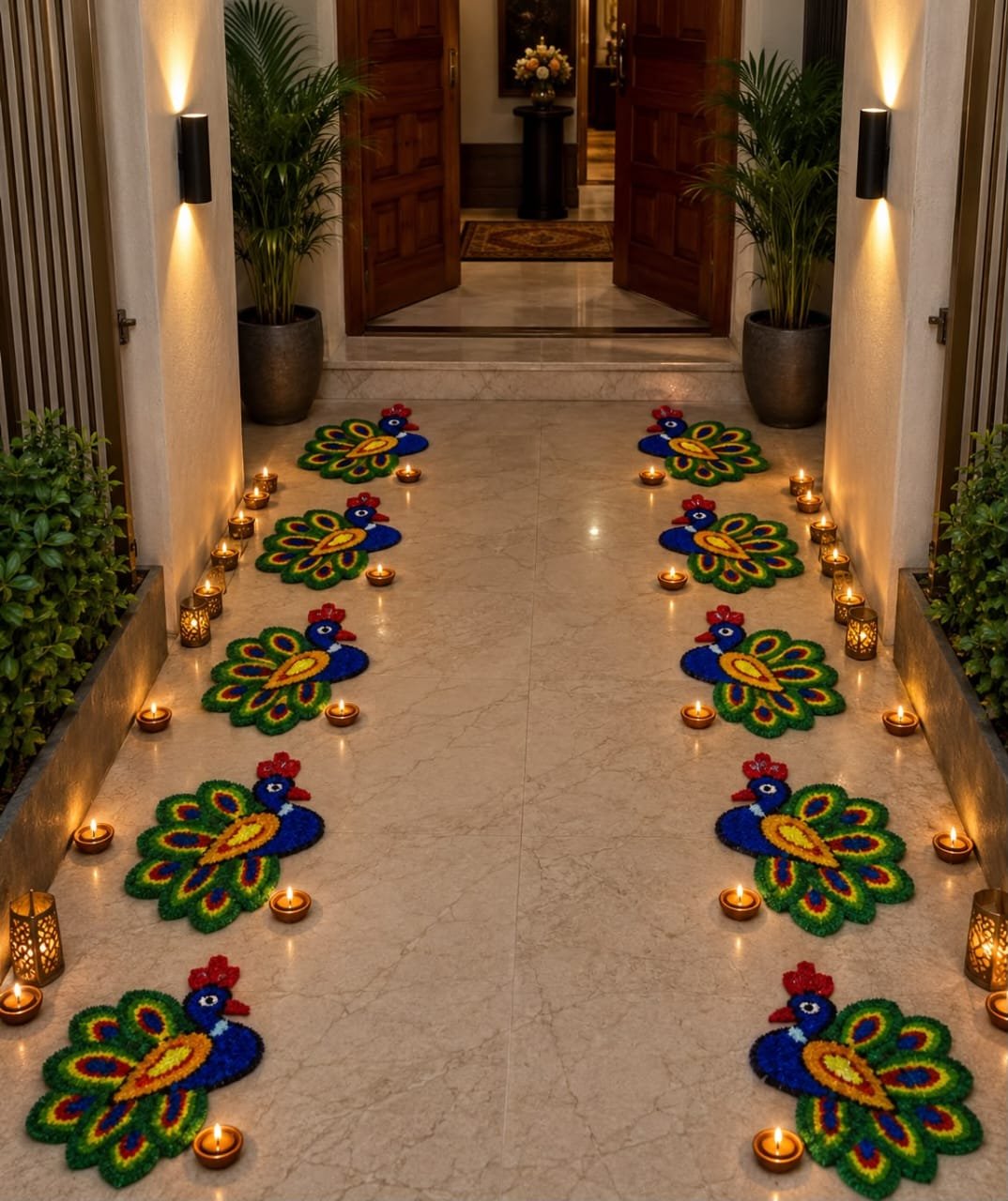 Peacock Rangoli Mat Set pack of 6 lining a festive corridor – Kachi Rasoi