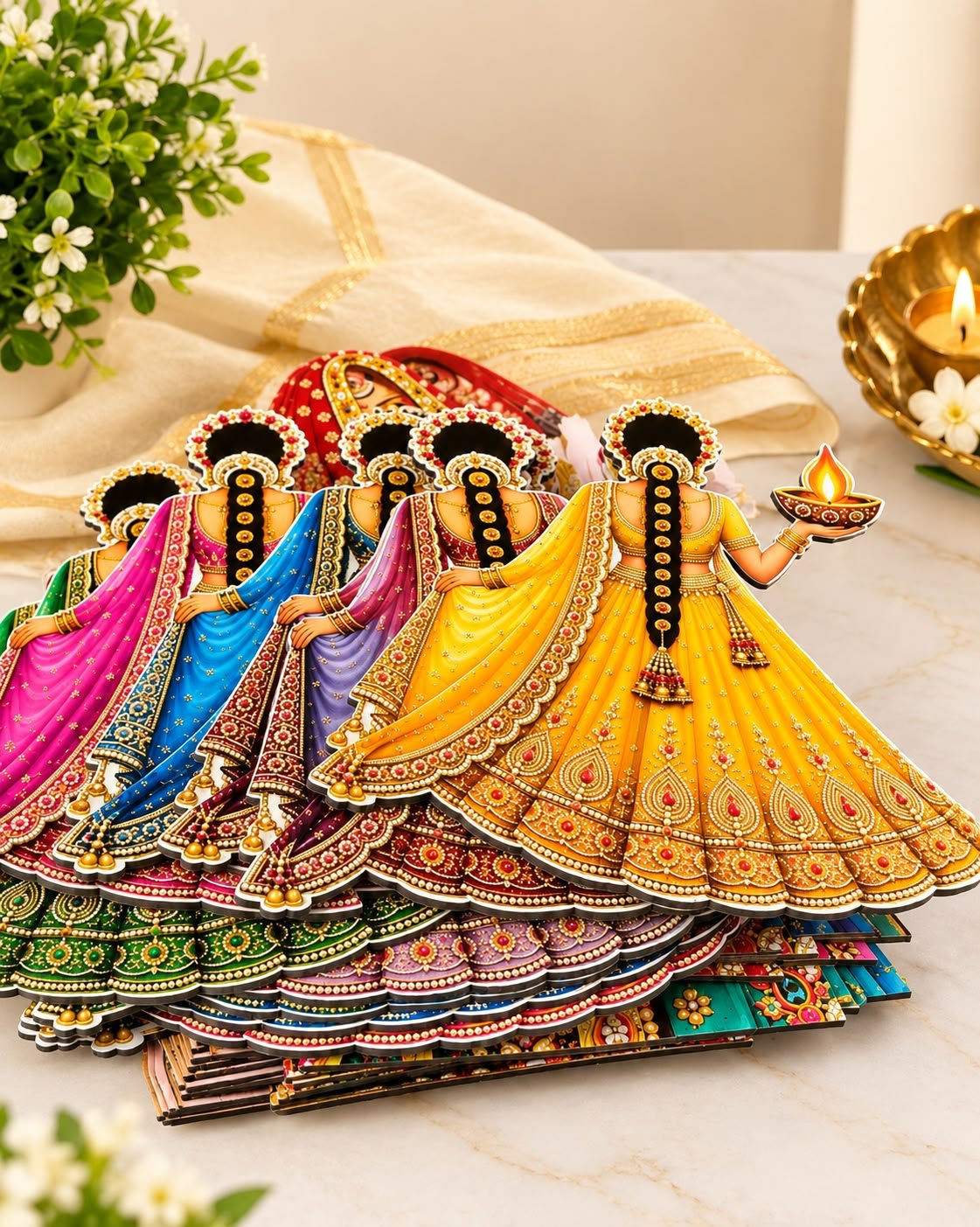Lady With Diya Diwali MDF cutouts pack of 10 – Kachi Rasoi