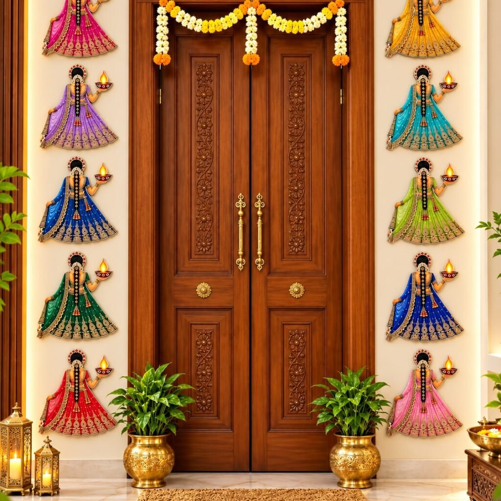 Lady-with-diya cutouts arranged on both sides of the door. – Kachi Rasoi