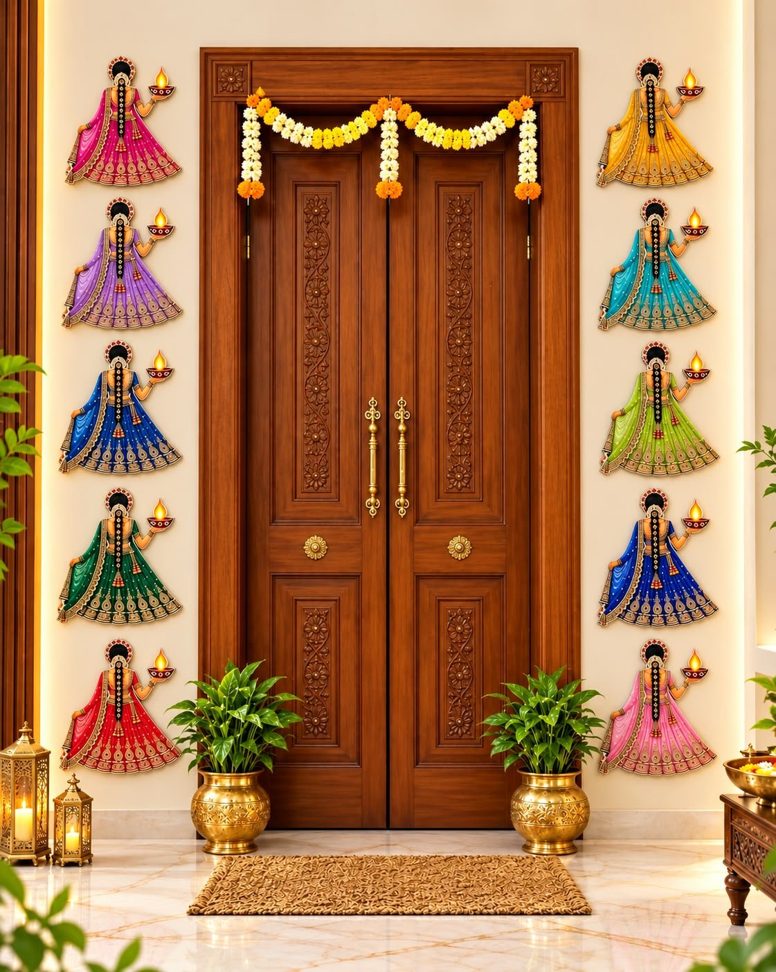 Lady With Diya cutouts decorating the main door for Diwali – Kachi Rasoi