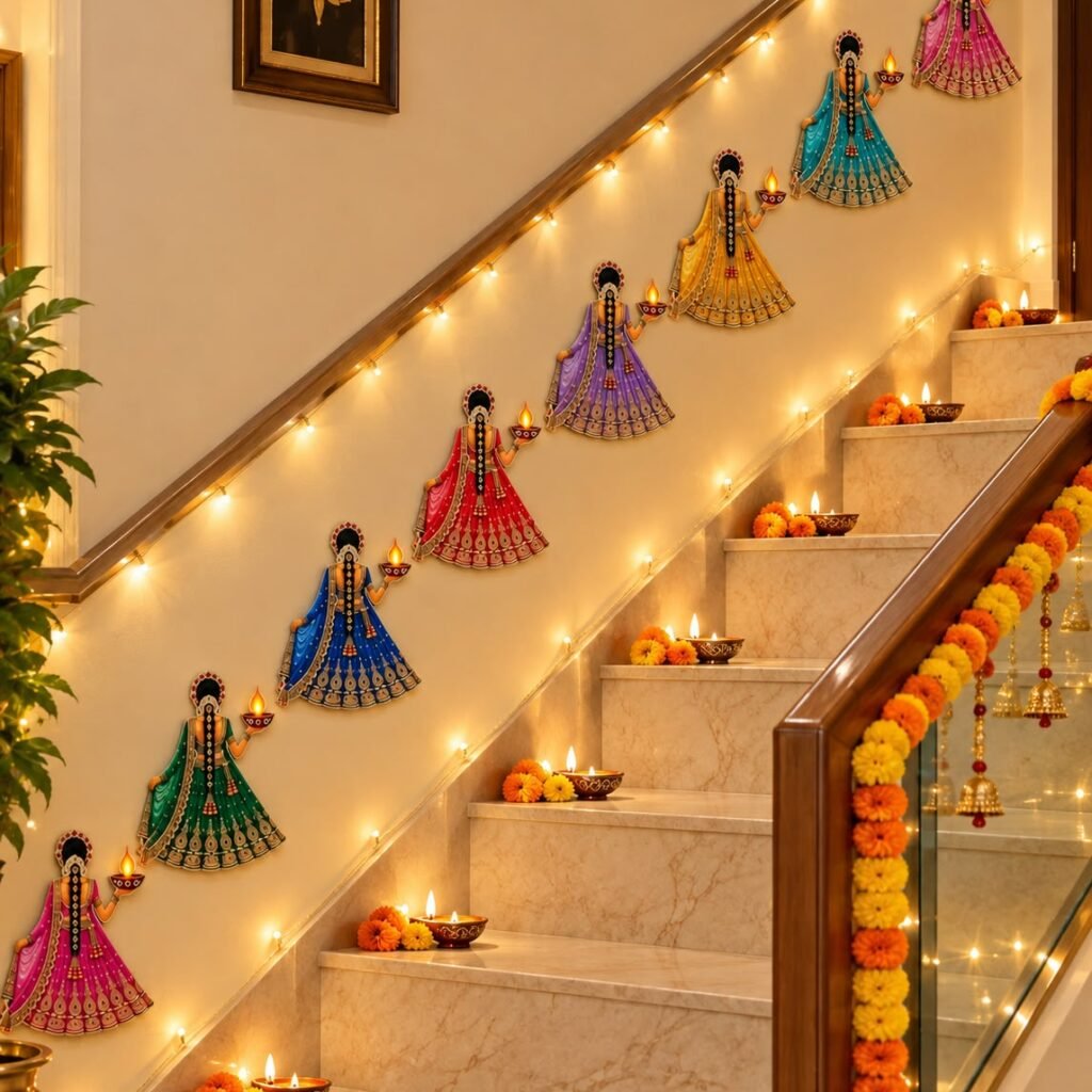 Lady-with-diya cutouts brighten the staircase wall – no floor space needed. – Kachi Rasoi