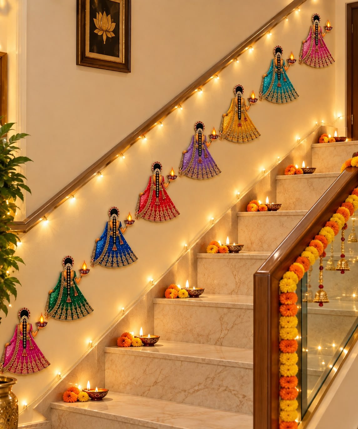 Lady With Diya cutouts on staircase wall for Diwali – Kachi Rasoi