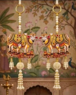 Cow & Calf Shubh Labh Hanging – Auspicious Kamdhenu Door Hanging for Diwali (10 Inch, 1 Pair)