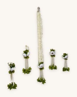 Fabric Peony Pearl Gajra Hanging – White Flower Hanging for Ganpati, Diwali & Weddings (2 Feet, Pack of 6)