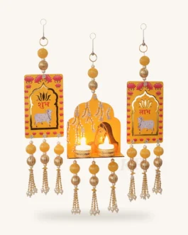 Shubh Labh Wall Hanging with Lotus Diya Holder, Yellow &ndash; Set of 3