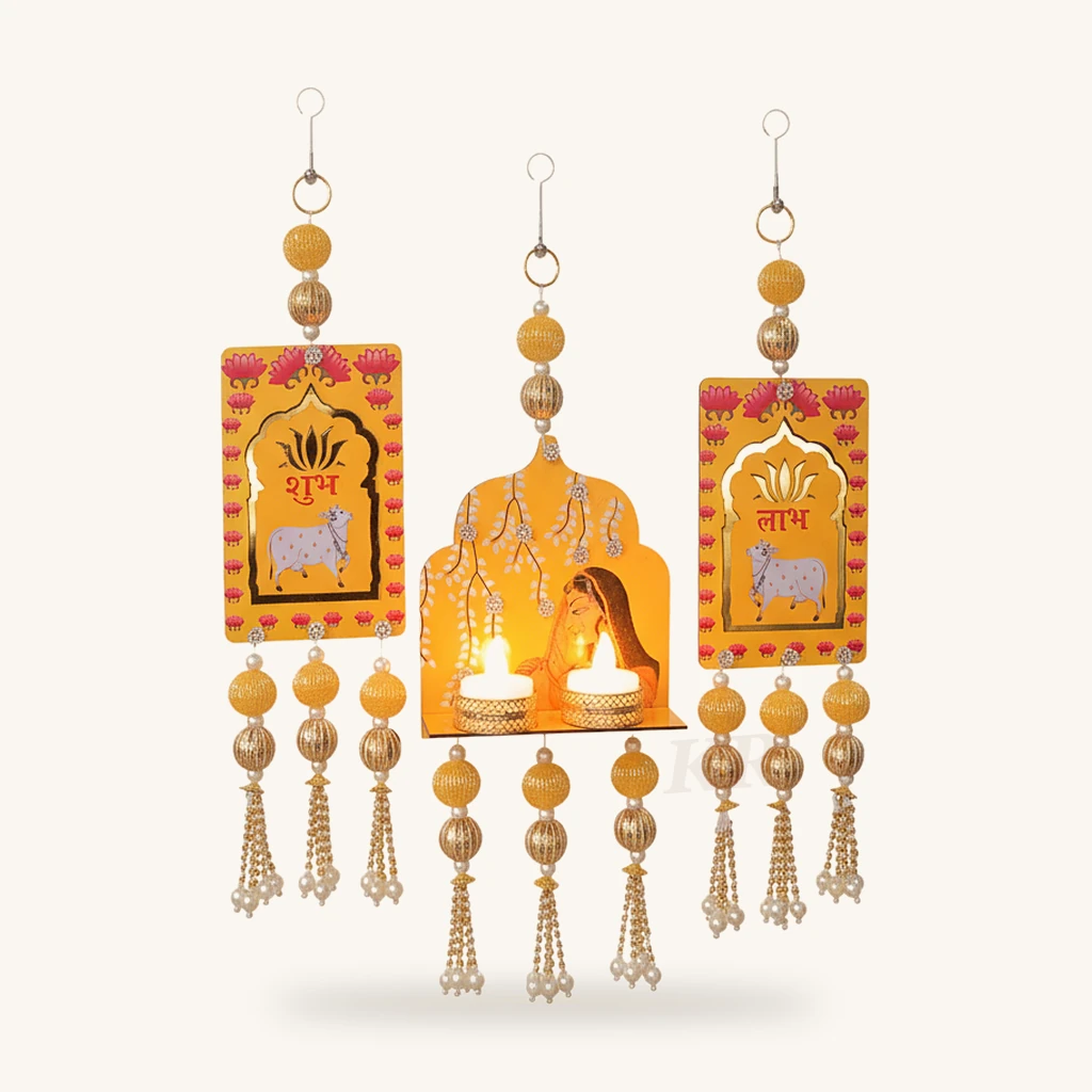 Shubh Labh wall hanging with lotus diya holder
