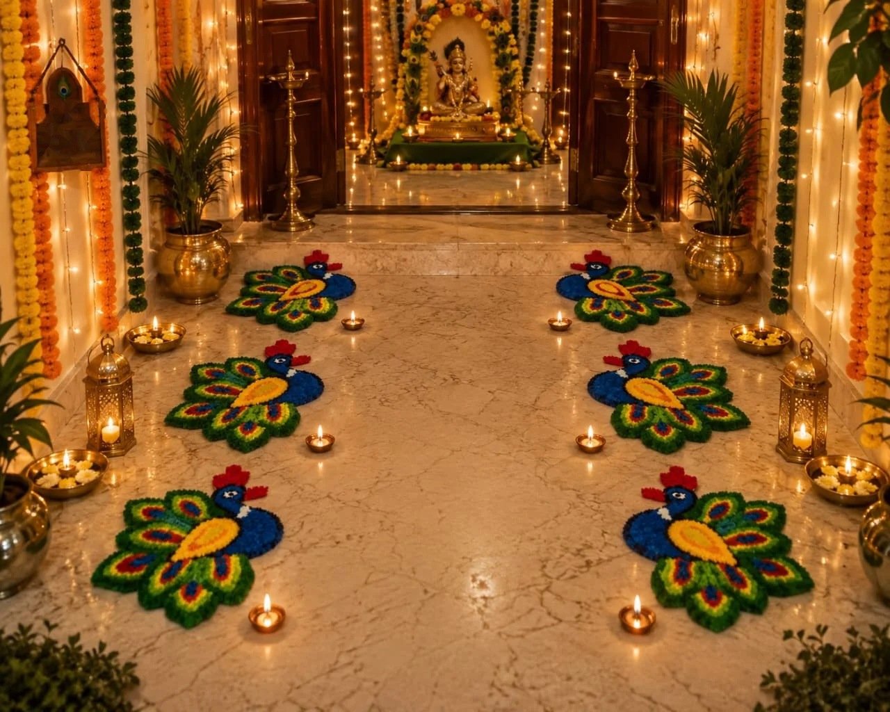 Peacock rangoli mats decorating a festive entrance with diyas – Kachi Rasoi