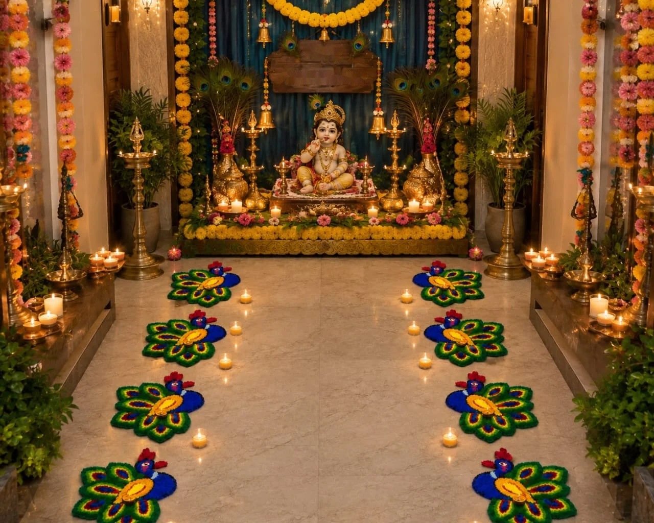 Peacock rangoli mats lining the mandir corridor with diyas – Kachi Rasoi