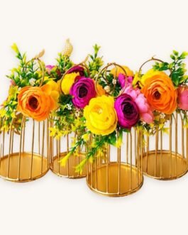 Peony Cage Hanging – Golden Flower Cage Hangings for Mandir, Door & Wall (5 inch, Pack of 5)